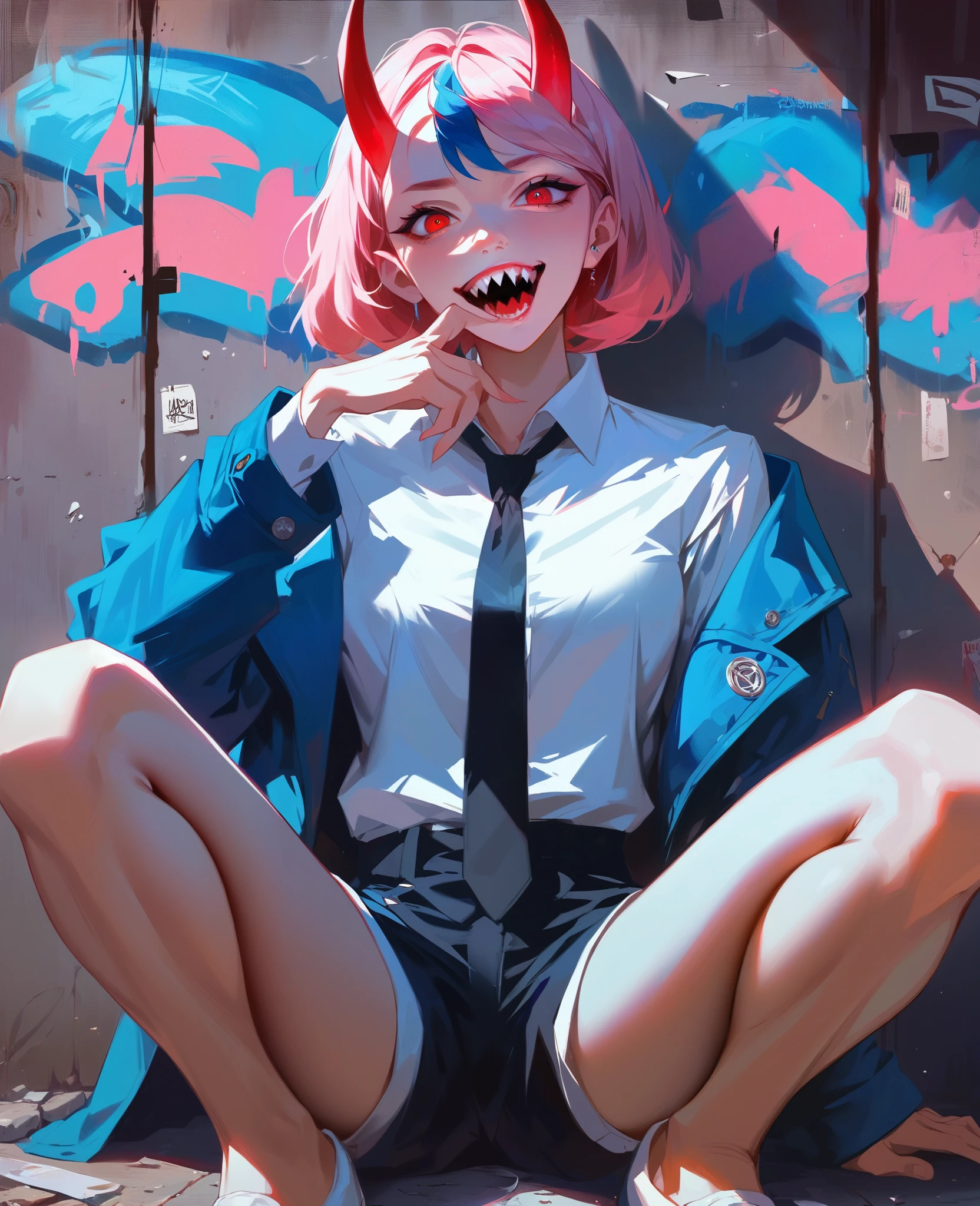 Digital illustration in a cinematic, stylized anime-inspired style featuring a highly detailed, anatomically correct female character with long, straight, light pink hair and red eyes. She has light skin and is depicted with red horns protruding from her head. The character is wearing a intricately designed white dress shirt, a black tie, and black shorts, with a blue jacket draped over her shoulders. The background is a swirling mix of prominent blue and gray tones, filled with detailed, swirling patterns and blue highlights that complement the character's intense appearance. Above the character, a stylized logo resembling an eye with text above it is placed in the upper central area. In the bottom left corner, the text 'Artvision1999' is written in a graffiti-like font. The character's expression is slightly aggressive, with her mouth open showing sharp teeth, with a focus on realistic facial anatomy. The overall composition is centered, with the character sitting on the ground, legs spread apart, with a dramatic lighting effect enhancing the cinematic atmosphere, rendered in high-resolution 4K
