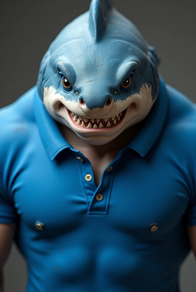 (masterpiece:1.4), (Best Quality:1.2), Create a real image, of a humanoid shark with a blue polo shirt, must have a warrior expression, more muscular. It should be from the waist to the head