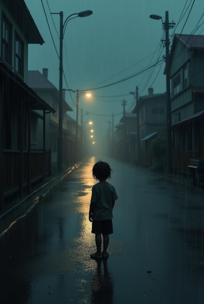 On a quiet street at night and in heavy rain, there is a small child on the side of the road who always hitches a ride on other people&#39;s carts.