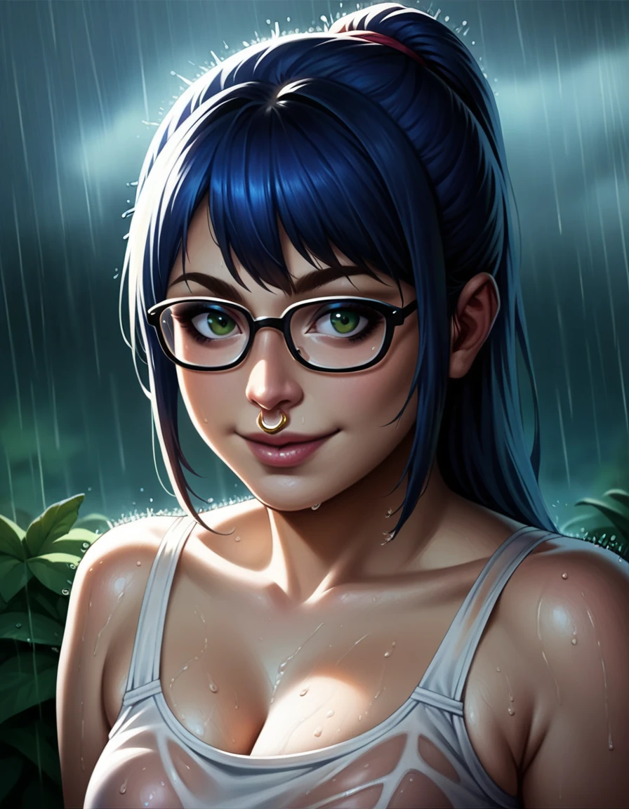 1girl, masterpiece, ((plump)), ((dark eyeliner)), best quality, realistic face, black and blue hair with bangs and ponytail, large glasses, , , , green eyes, nose ring, chubby cheeks, long nose, low nose, high lips, dark eyebrows, ((trad blue and grey sundress)) thunderstorm background, ((raining)), ((golden hour lighting)), back porch background, flirty pose, big smile, w3t (upper body picture)
wet top, wet hair