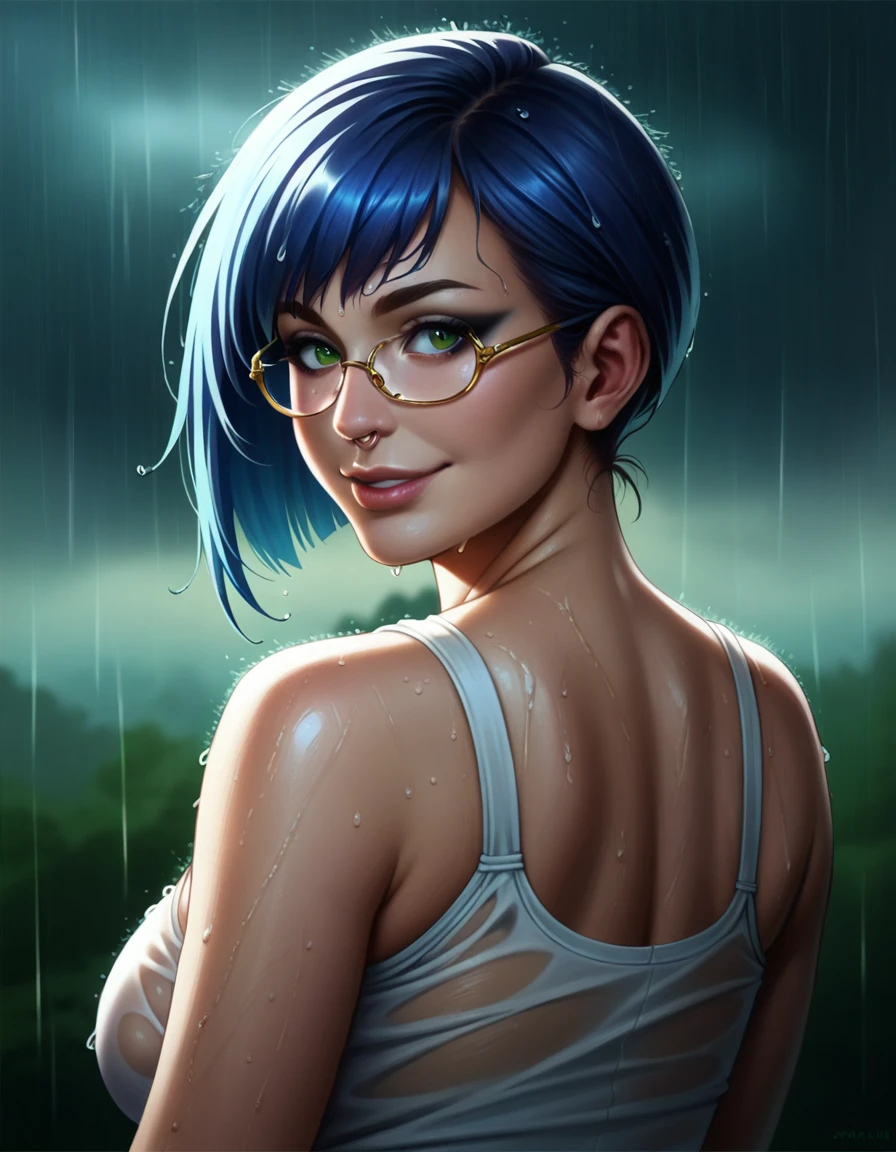 1girl, masterpiece, ((plump)), ((dark eyeliner)), best quality, realistic face, black and blue hair with bangs and ponytail, large glasses, , , , green eyes, nose ring, chubby cheeks, long nose, low nose, high lips, dark eyebrows, ((trad blue and grey sundress)) thunderstorm background, ((raining)), ((golden hour lighting)), back porch background, flirty pose, big smile, w3t (upper body picture)
wet top, wet hair