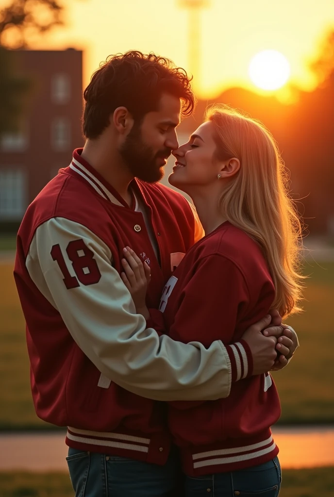 Bearded athlete in football jacket kissing blond gay boy at school 80s sunset