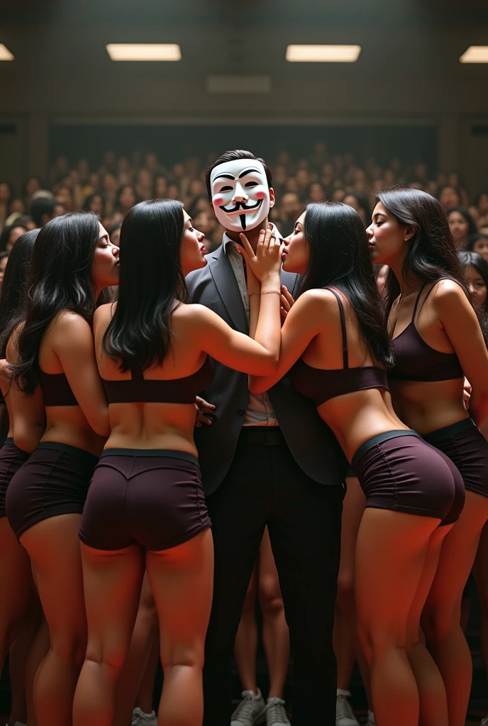(photorealism:1.2), on stage at a high school auditorium in front of an audience, a crowd of voluptious and sultry latina women ((/midtes)), their expressions delariously ditsy, drunk and trance-like - wearing exceptionally tight-fitting student uniforms and scandalously short skirts - erotically straddle|hump|rub their breasts against|lick|kiss  and caress a caucasian man wearing a guy fawkes mask who (firmly gropes their asses - posteriors in which his hands can be seen melting into their softness:1.0)