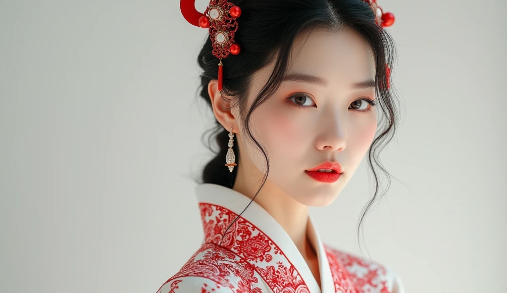 8K, Alta resolução, detailed Full upper body portrait photography, gorgeous Asian Female, Fashion inspired by white red porcelain pattern, tirada com uma lente de 60 mm, ISO 300, F/4, 1/200º