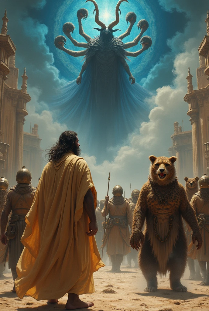 make a leader lead an entire crowd going to attack a city, and there in the sky, at the top there is a being with a goat&#39;s head, six arms and all blue watching, next to you there is a being with 7 leopard heads, leopard body, bear paws and fire comes out of its mouth, the man leading the crowd is wearing cloth robes like Moses from ancient Egypt, and the crowd is dressed in military garb, draw like a Leonardo da Vinci painting