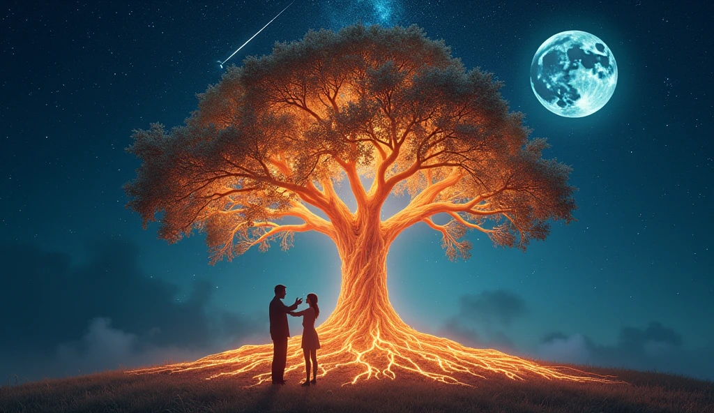 ultra realistic image of a Family Tree with very thick and apparent luminous Roots and fruits of light, connected to a light source deep in the ground, symbolizing the strength of the father that comes from the roots and spreads throughout the tree. image of the modern father next to the trunk larger than the adult son and blessing this son who is in front of him, stars in the sky, shooting star and a bright full moon