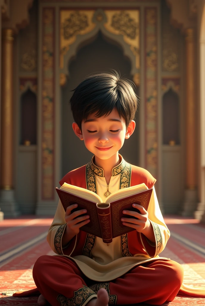 A beautiful Muslim boy in Pakistani dress smile on face reading Quran in mosque without ear ring