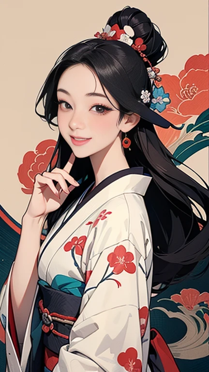 A beautiful woman smiles and shows her upper white teeth、Vividly colored Japanese Ukiyo-e style illustrations、(SeaArt creates stunning illustrations of beautiful women in kimono)、Brown-black long hair、Beautiful full body style、Let&#39;s dance a little Tokyo Ondo Yoiyoi、Beautiful digital painting,、Bright vibrant digital anime art、 Detailed digital anime art、 Beautiful anime portraits、background、Torii gate of a shrine in Kyoto, Japan、Detailed CG、