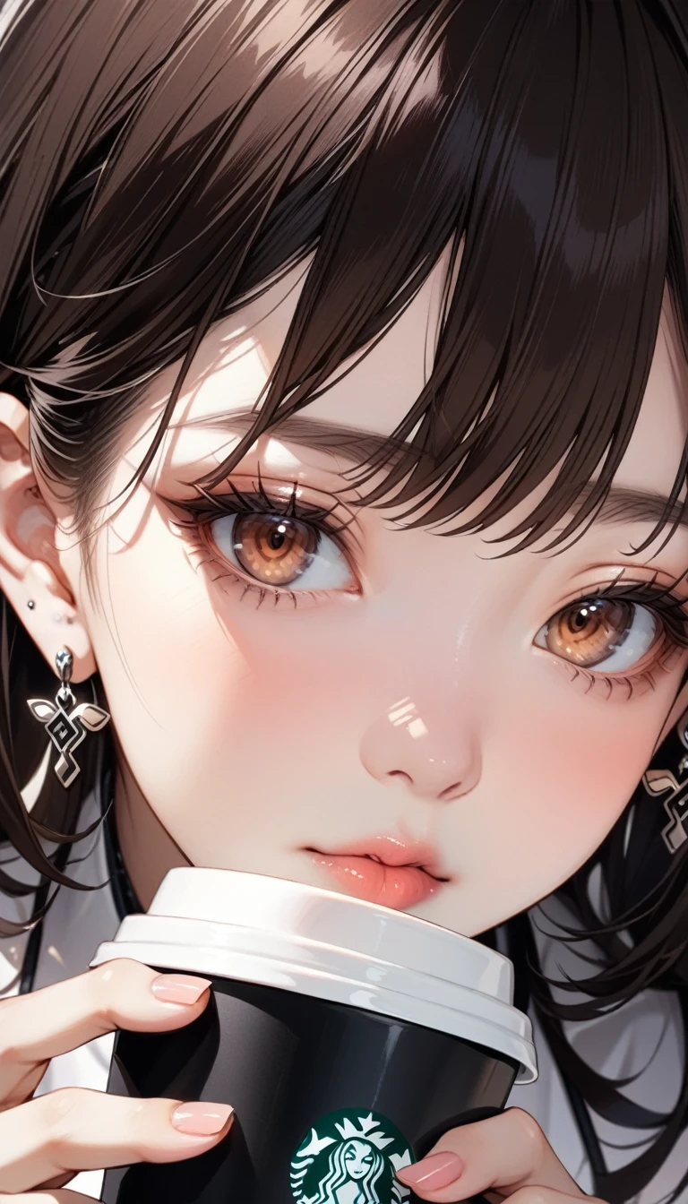 High resolution, masterpiece, Highest quality, Ultra high definition, 2Colored Hair, one person, 独奏, Earrings, Close your mouth, Close-up, Drinking coffee at a cafe,Sulky face,Brown Hair、Shortcuts