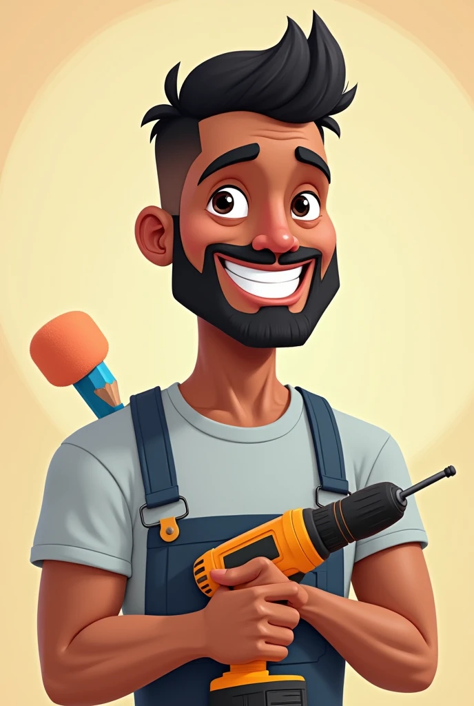 Brown-skinned man with goatee smiling, neat black hair, light gray t-shirt with a drill in his hand, paint roller in his hand and blue pencil in his ear in cartoon