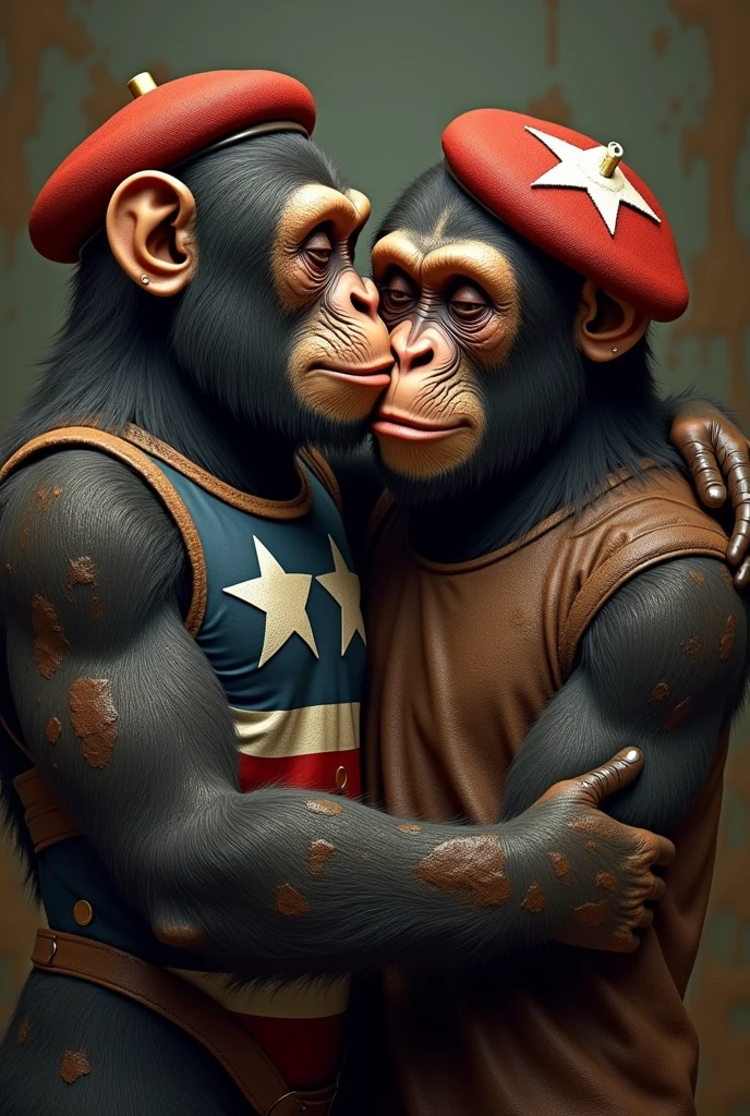 Image of 2 apes kissing, "crying" water from the eyes, one wearing a vest with 3 blue stripes, White and red, the other monkey wearing a red beret with a white star, full of brown mud.