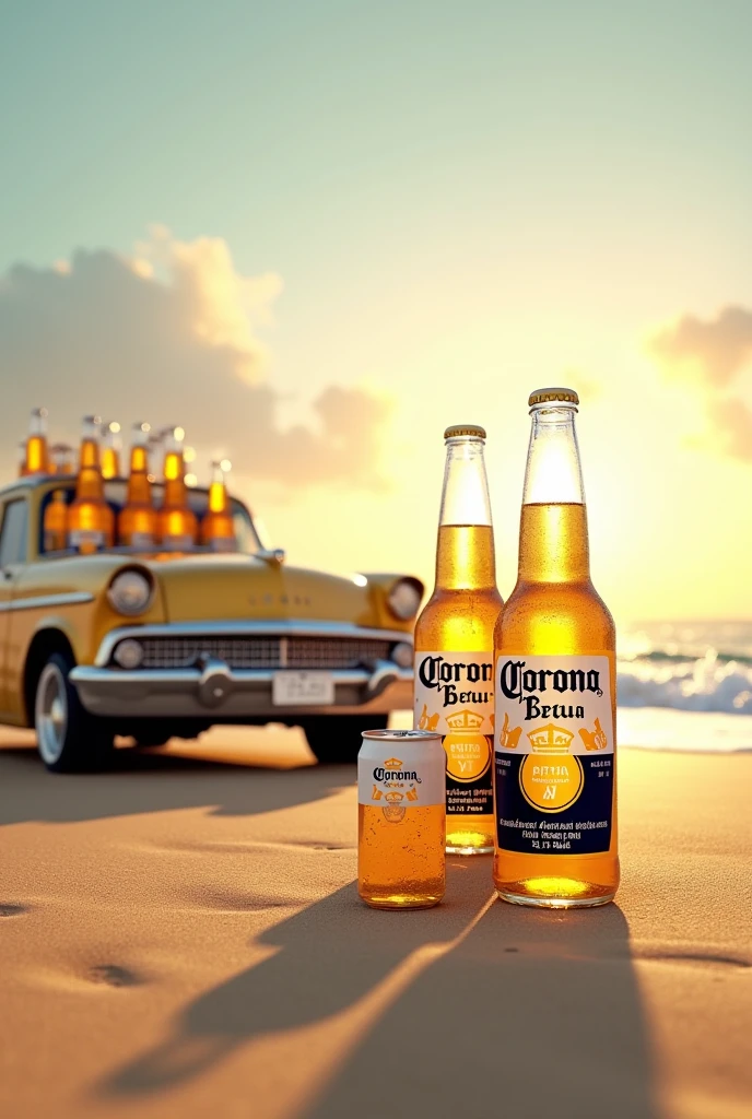 Create real 3D image Corona beer on a beach background and a car full of beer