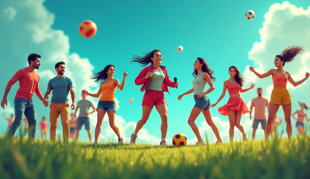 Create a realistic horizontal collage-type image with Latino people, in which men are shown playing soccer, women playing volleyball, woman singing with jacket and microphone, surrounded by dancers dressed in modern clothing. In the background a turquoise sky and grass with blurred clouds.