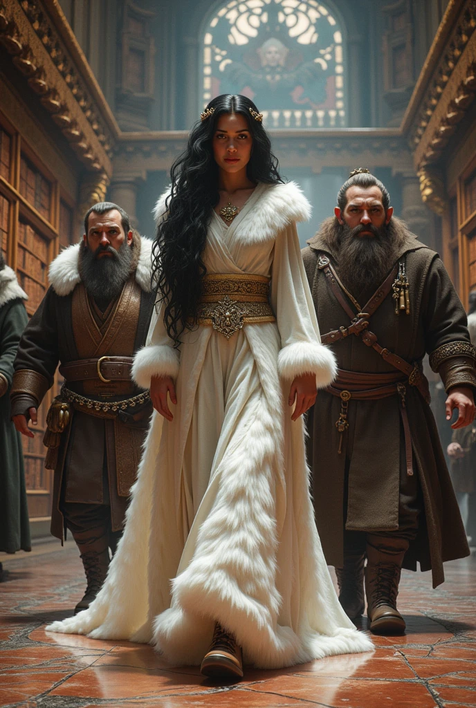 A long black-haired princess wearing a winter dress made of white bear fur. accompanied by two dwarves. One of them has a black beard and the other wears glasses.!
They are inside a museum with books, paintings and statues of medieval magical heroes
(High quality) (very detailed)