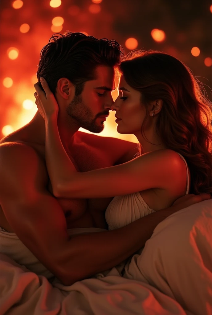 (photorealism:1.2), Couple of man and woman in bed in a romantic and fiery attitude, she with honey brown hair and blue eyes, he with carefully combed brown hair, light brown eyes, it is night time, red and orange undertones.