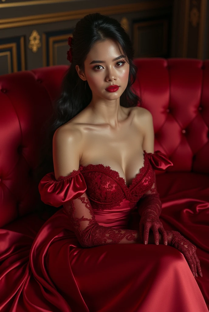 realistic 23-years old brunette model with a seductive look and satin princess red minidress, with black satin gloves. She is wearing a big black satin ribbon around her neck. She is on a bed cross legs showing  her pantyhose 