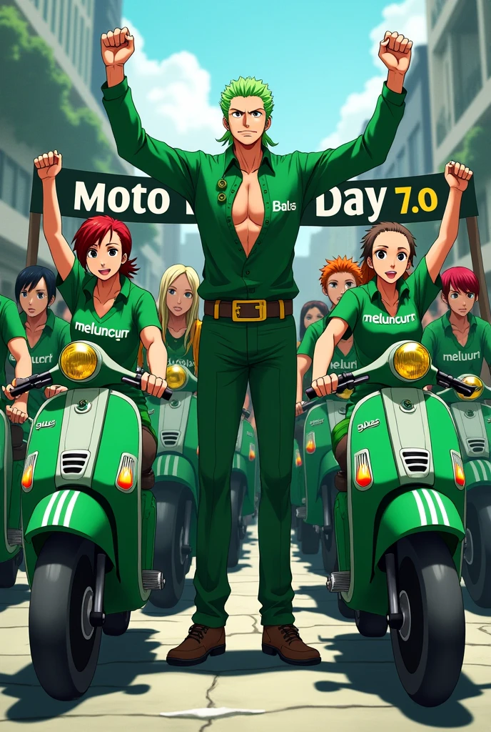 Anime One Piece Zoro is joining the moped motorcycle group , zoro mullet hairstyle , the color of the group's shirt is green , on the front of all the clothes there is the word Meluncurr , Adidas clothing brand , all bring moped motorbikes , everyone raises their right hands forward , palms open as if about to slide forward , the front row carries a banner that says SABAH MOTO DAY 7.0