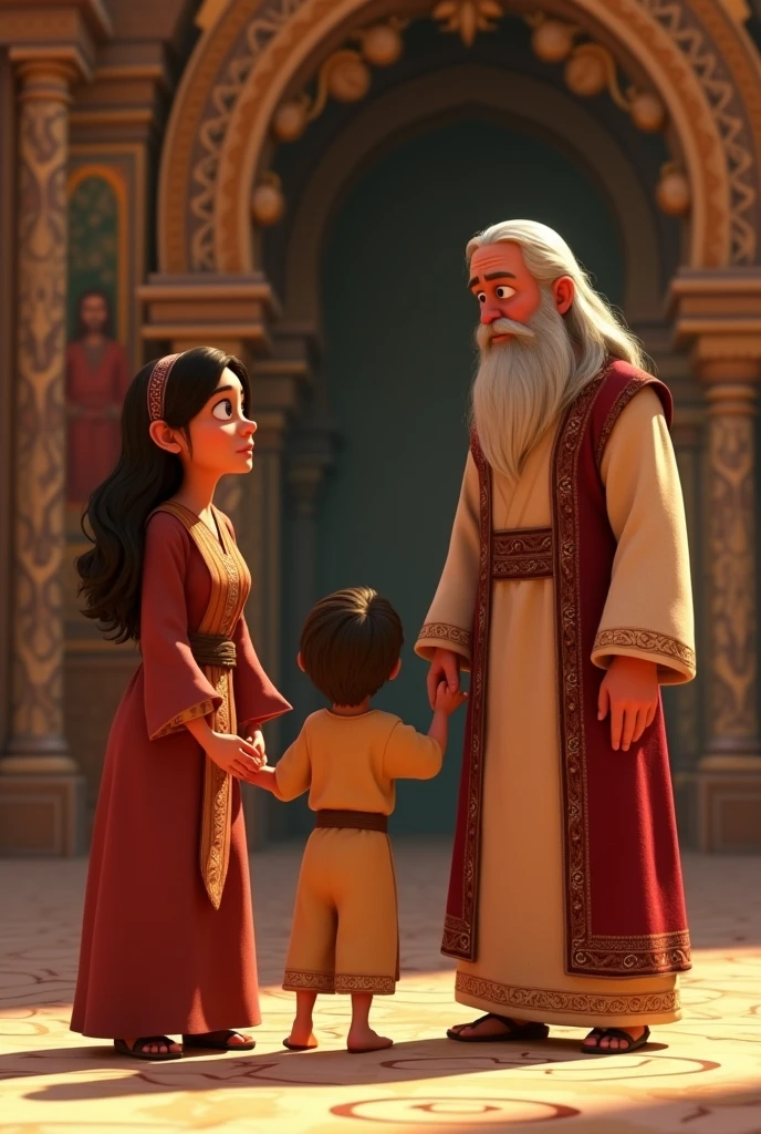 boy with his adult mother in Israelite robe presenting him to a bearded Israelite priest in the Pixar animated temple