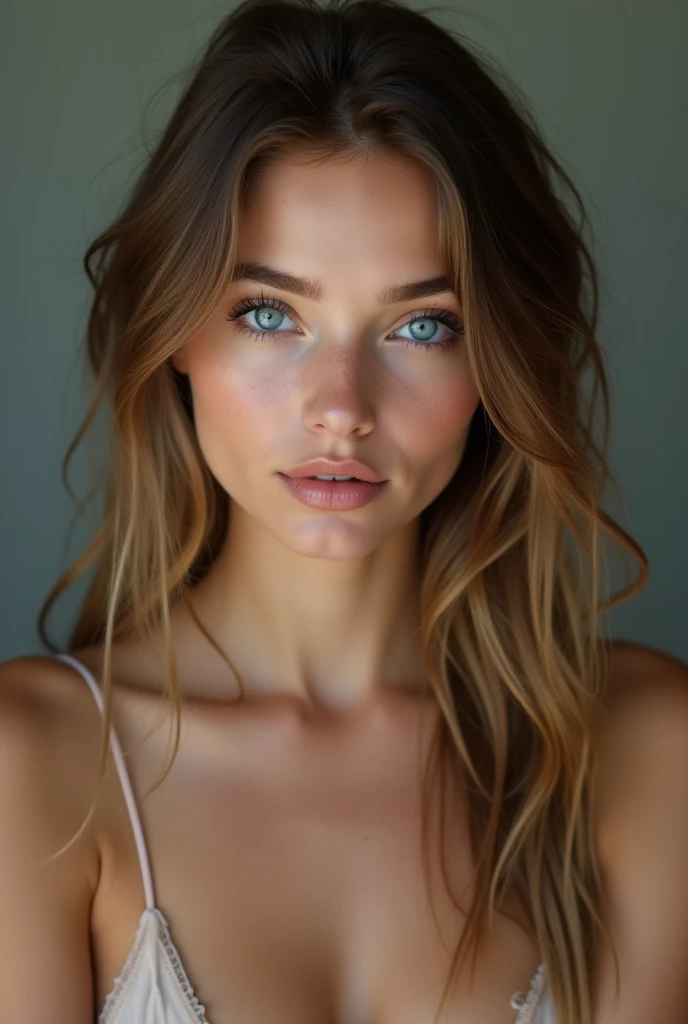 create a girl who is very beautiful, king, with blue eyes and that she is naked showing her tits