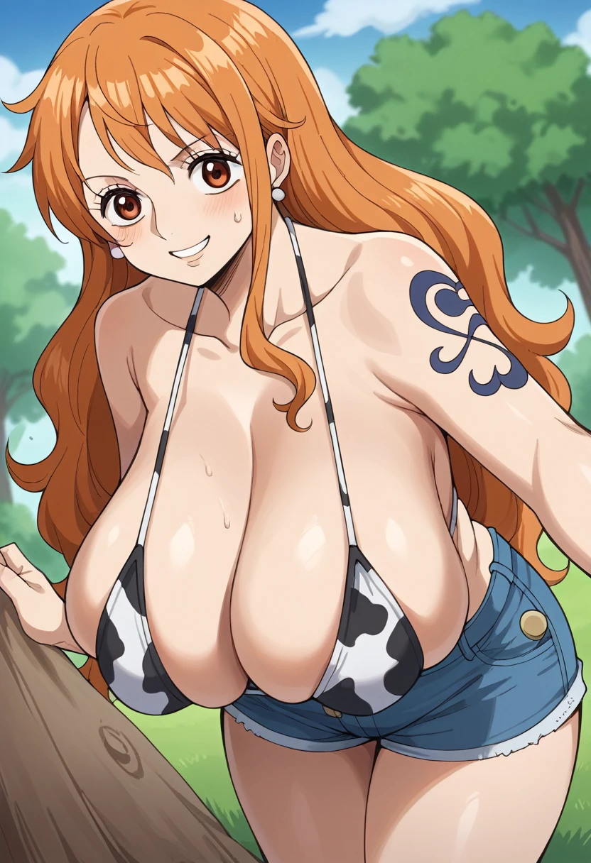 score_9, score_8_superior, score_7_superior, score_6_superior, (Mature Woman,40years old)、 {{Super huge breasts}}, sagging breast:1.5.Wide Hips, Curvy, Orange Hair、orange hair, orange eyes, long hair,Nami、Cow print bikini top、Denim shorts、indoor, bedroom、smile、(Titty fuck、膝superiorTitty fuck、titjob、breasts blowjob、breast squeeze、breast in 1penis)、(((faceless male、One Shota、shota)))、Small dick、No Mosaic