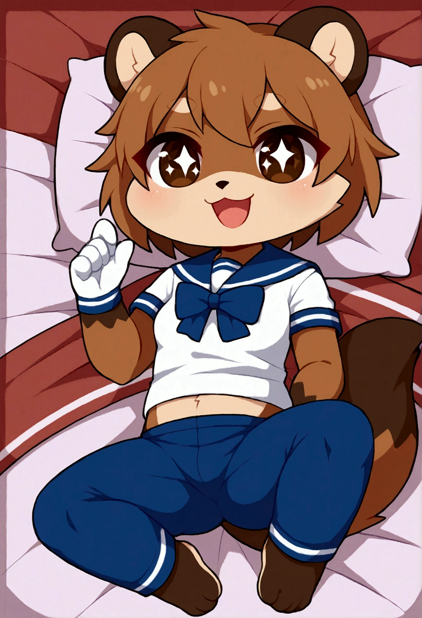 girl, tanuki, furry, bodyfur, tail, sailor suit, short sleeves, jersey pants, long pants, white gloves, barefoot, chibi, sparkling eyes, happy, full body, bed, lying, spread legs