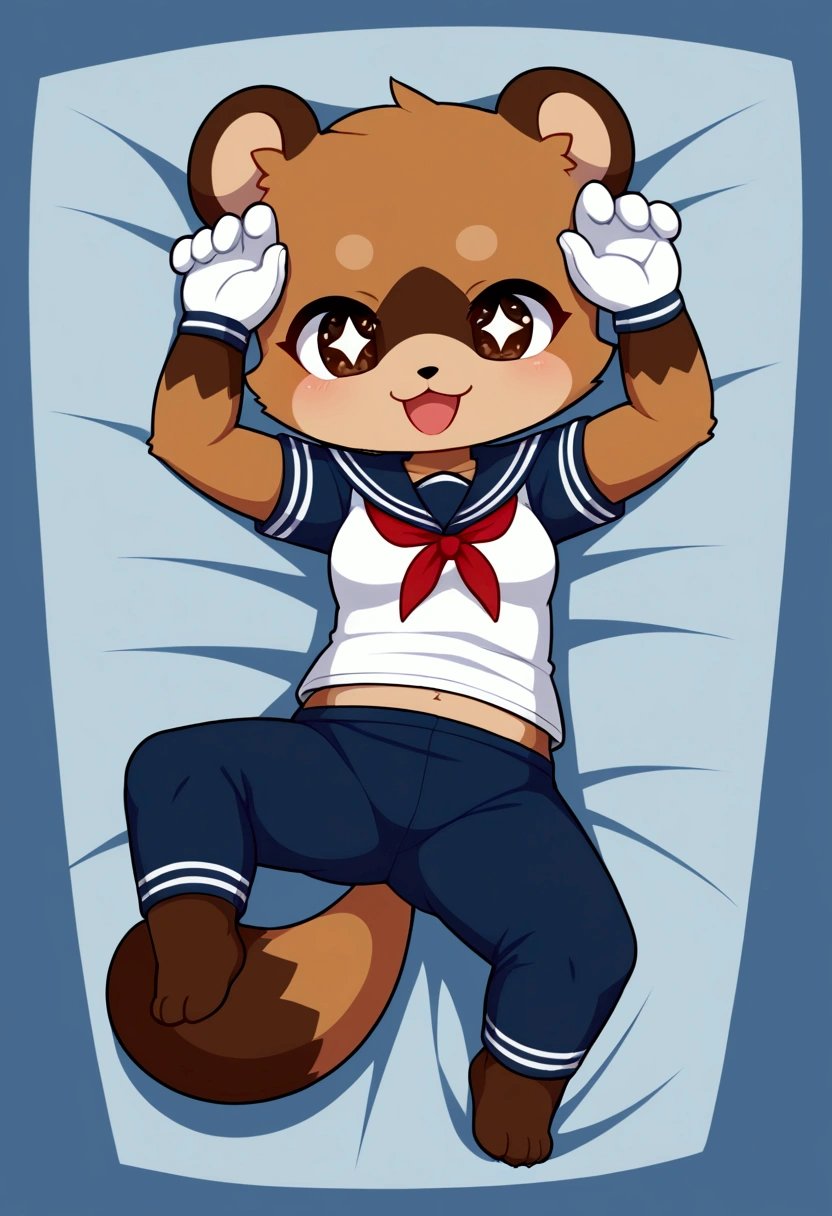 girl, tanuki, furry, bodyfur, tail, sailor suit, short sleeves, jersey pants, long pants, white gloves, barefoot, chibi, sparkling eyes, happy, full body, bed, lying, spread legs