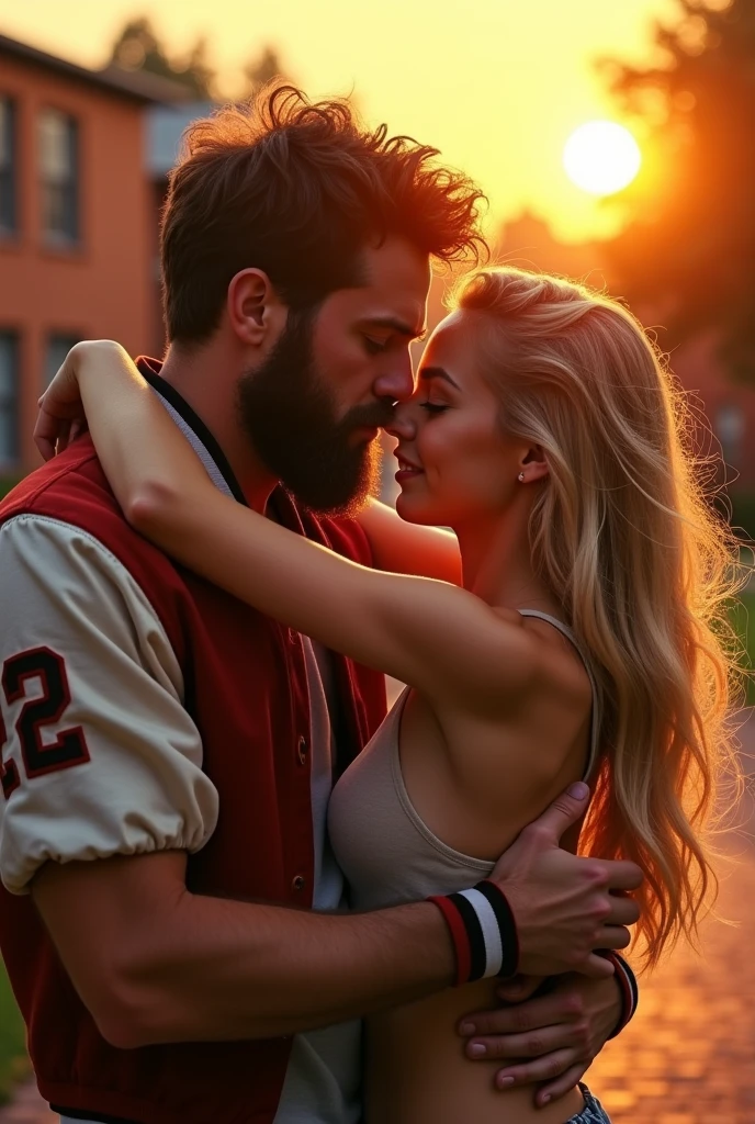 Bearded athlete in football jacket kissing blond gay boy at school 80s sunset