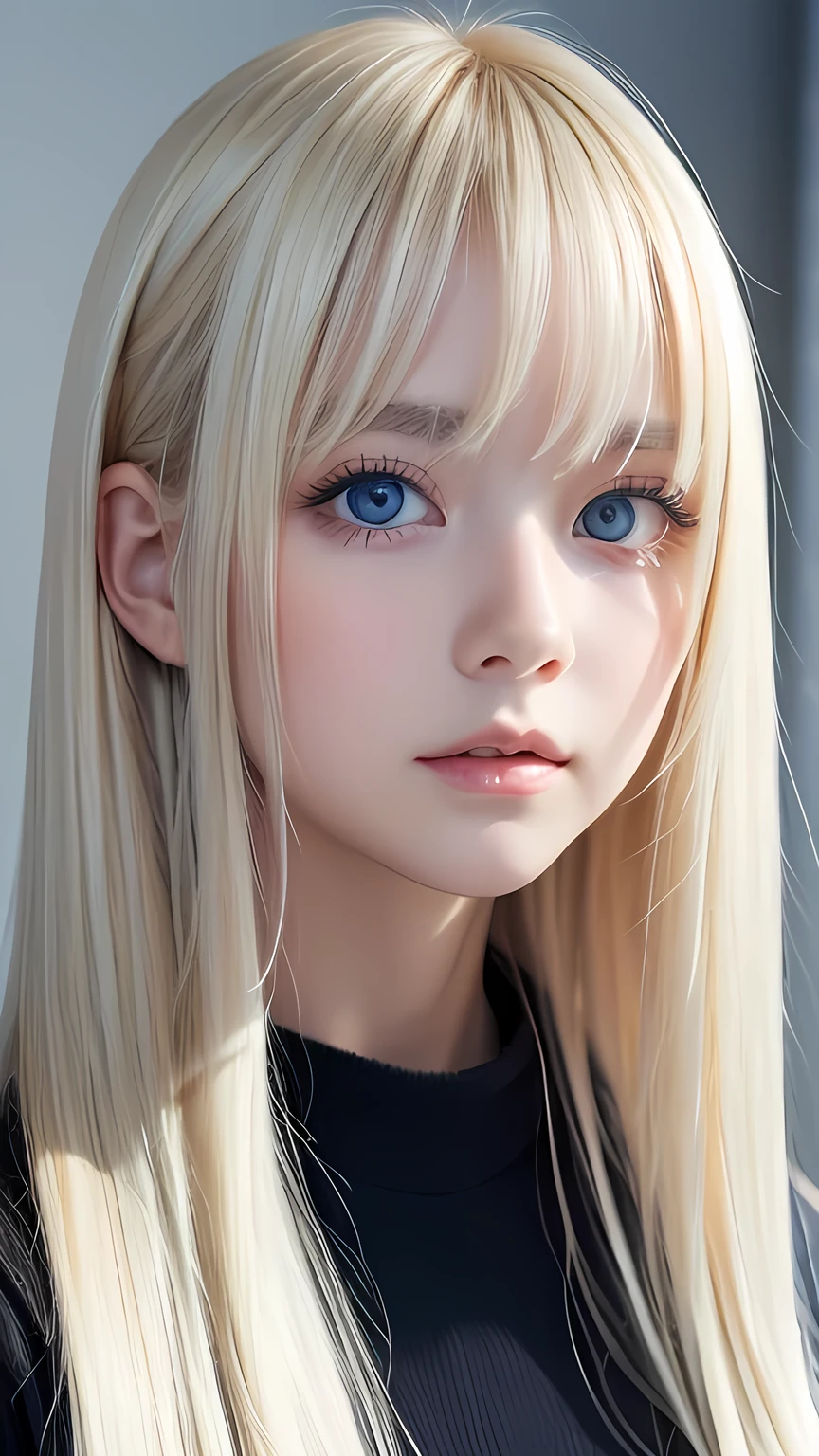 A perfectly beautiful face、Messy silky beautiful blonde hair、A beautiful 1 Scandinavian beauty、Very beautiful beautiful bright pale sky blue big eyes、Very long beautiful natural platinum blonde silky shiny hair、Long beautiful bangs、Very big eyes、Small Face Beauty、eyeliner、very white shiny skin、Gloss Face、Cheek gloss、Hair above the eyes、片Hair above the eyes、Hair between the eyes、