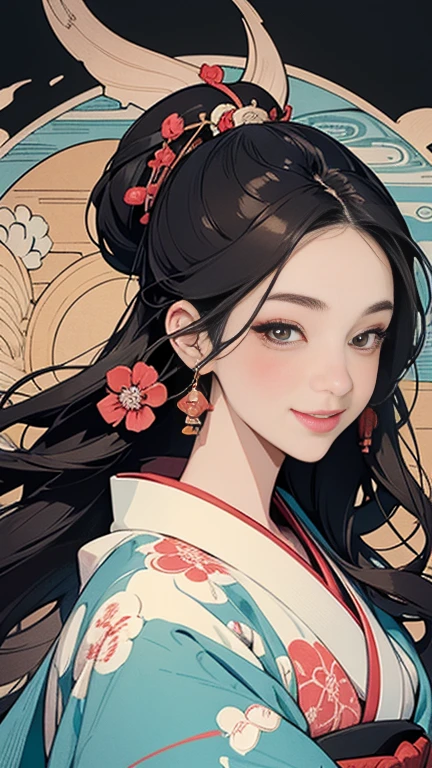 A beautiful woman smiles and shows her upper white teeth、Vividly colored Japanese Ukiyo-e style illustrations、(SeaArt creates stunning illustrations of beautiful women in kimono)、Brown-black long hair、Beautiful full body style、Let&#39;s dance a little Tokyo Ondo Yoiyoi、Beautiful digital painting,、Bright vibrant digital anime art、 Detailed digital anime art、 Beautiful anime portraits、background、Torii gate of a shrine in Kyoto, Japan、Detailed CG、