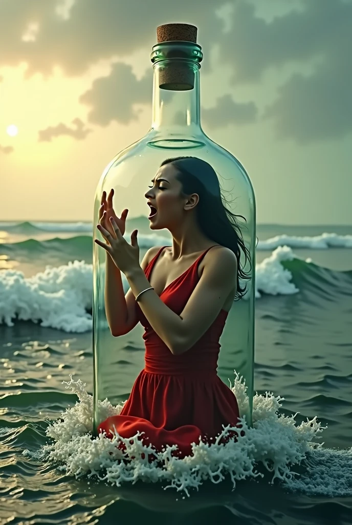 Image réaliste, plus détaillée et très précise. Il montre une femme dans une bouteille en verre, criant fort, mais personne ne l'entend.
Localisation : En mer, hautes vagues, épais brouillard, au coucher du soleil.
Photo principale : Une femme bien figurée vêtue d'une robe en soie rouge, belle, à l'intérieur d'une bouteille qui ne peut pas sortir.
• Environnement (mer), coucher de soleil, une lumière douce rayonne derrière la femme pour créer un effet d'éclairage cinématographique.