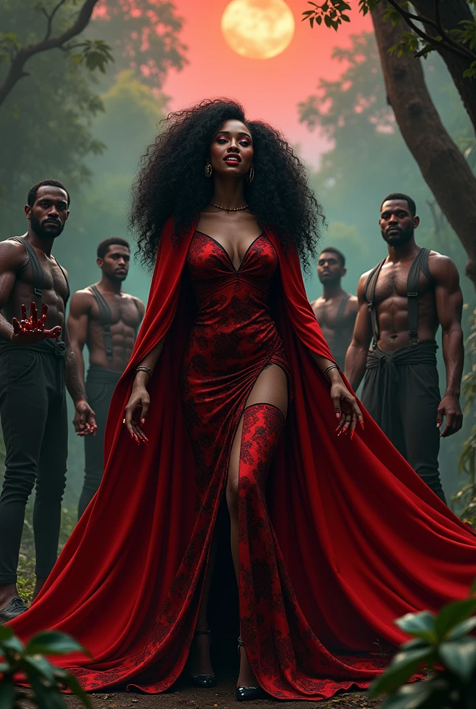 (photorealism:1.2) 2african woman, black tulle, jovial laughter, Sailor Moon Hairstyle,  3 men, red galley and enhro, Layers, barba, long curly wavy black hair, drinking alcohol from a glass cup,  cemetery swamp jungle, Hands with blood, Red and black sexy dress, smoking, red and black cape , queen, fire, 