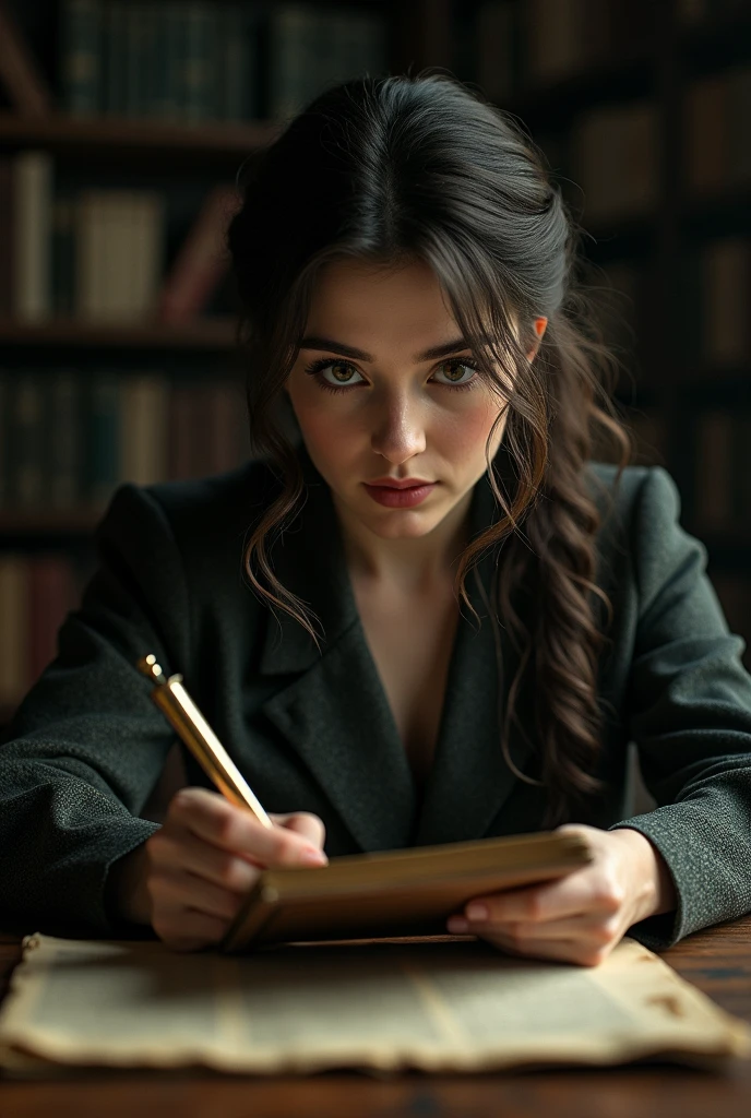 Create an image that arouses curiosity and references historical events, with a touch of investigation, with a feminine touch