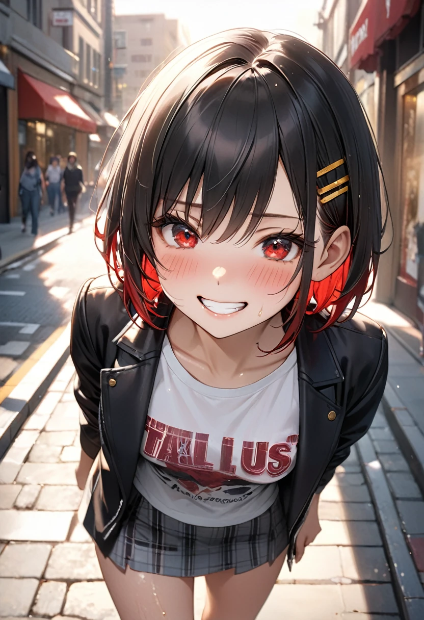 (8k, RAW Photos, Highest quality, masterpiece: 1.2), masterpiece, Super Detail,Best lighting, (Realistic and photorealistic photography: 1.4), High-resolution RAW color photos, Highly detailed mouth,1 young cute girl, Background Blur, blush, Depth of written boundary, Hair between the eyes,short hair,(red inner hair with yellow hairpin:1.2),(red eyes:1.3),(Oily skin:1.1), Embarrassed,(grin:1.2),Black Hair,in the messy Restroom,glitter skin,short,young,,medium breasts,Looking at viewer,black jacket,White red t shirt,Burberry chckered miniskirt,(she is walking nearby us on the pavement and talk to us:1.3)