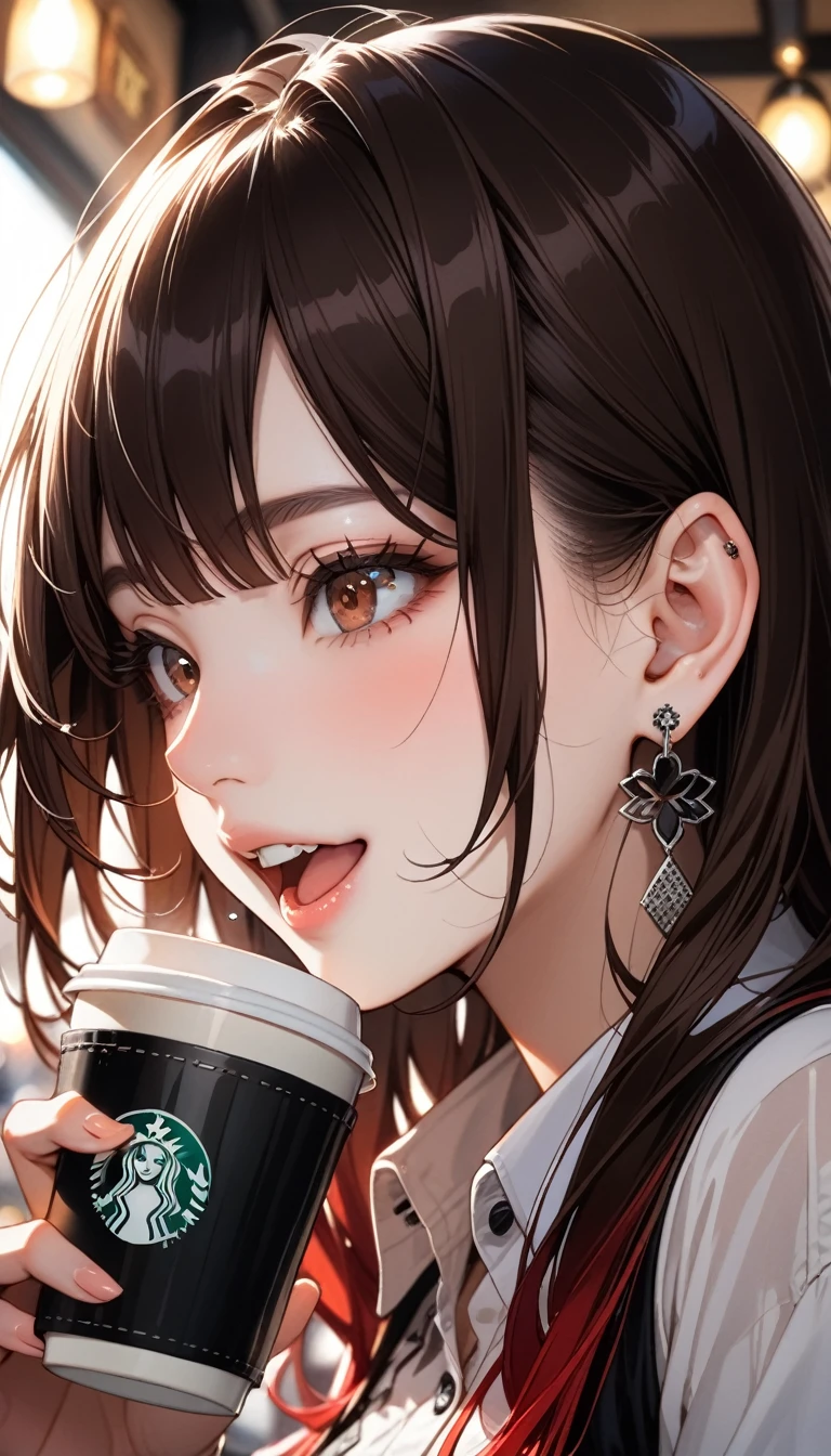 High resolution, masterpiece, Highest quality, Ultra high definition, ２Colored Hair, one person, 独奏, Earrings, Close your mouth, Close-up, Drinking coffee at a cafe,very loud laugh,Brown Hair、Shortcuts