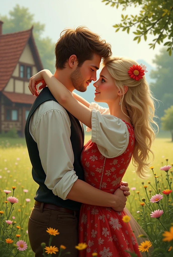 [man and woman kissing], intimate, soft colors, blonde hair, in the summertime, traditional German clothing, in a field, village, green eyes, flower, flower dress, blushing, red and white dress, prussia, peaceful 