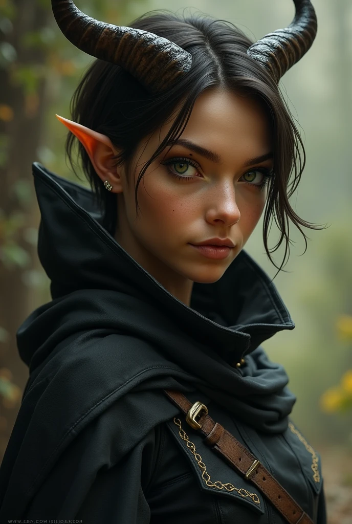 a female tan-skinned tiefling rogue, with a warm, shimmering tone that seems to capture the light subtly, accentuating his striking features. His eyes are a piercing green, with vertical pupils like those of a reptile, shining with cunning and a touch of mystery. When she smiles, what is rare, small fangs stand out, suggesting both charm and danger. your hair is short, smooth ass, cut shorter on the sides and a dark brown shade, almost black, that contrasts beautifully with your skin. Its horns are thin and elegant, bending back slightly, with a smooth texture and a subtle shine, almost as if they were carved from the finest ivory. The face is angular and graceful, with high cheekbones and a well-defined jawline. Her arched eyebrows give her a naturally intriguing expression., as if he were always about to discover or hide something. Small scars, almost imperceptible, mark her face She wears light, fitted clothes, made of black and flexible leather, designed for maximum mobility and silence. A dark cloak, almost indistinguishable in the shadows, wraps around your shoulders, your hands, thin and agile, are almost always covered by dark gloves that hide their sharp claws. no belt, carries a collection of well-balanced daggers and thieves&#39; tools, including hooks, master keys and poison vials. A discreet belt pouch keeps your valuables and secrets safe. a long, slender tail