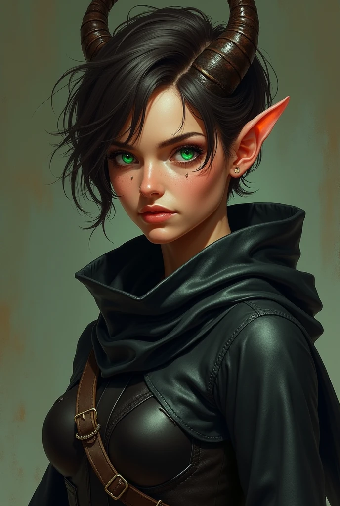 a female tan-skinned tiefling rogue, with a warm, shimmering tone that seems to capture the light subtly, accentuating his striking features. His eyes are a piercing green, with vertical pupils like those of a reptile, shining with cunning and a touch of mystery. When she smiles, what is rare, small fangs stand out, suggesting both charm and danger. your hair is short, smooth ass, cut shorter on the sides and a dark brown shade, almost black, that contrasts beautifully with your skin. Its horns are thin and elegant, bending back slightly, with a smooth texture and a subtle shine, almost as if they were carved from the finest ivory. The face is angular and graceful, with high cheekbones and a well-defined jawline. Her arched eyebrows give her a naturally intriguing expression., as if he were always about to discover or hide something. Small scars, almost imperceptible, mark her face She wears light, fitted clothes, made of black and flexible leather, designed for maximum mobility and silence. A dark cloak, almost indistinguishable in the shadows, wraps around your shoulders, your hands, thin and agile, are almost always covered by dark gloves that hide their sharp claws. no belt, carries a collection of well-balanced daggers and thieves&#39; tools, including hooks, master keys and poison vials. A discreet belt pouch keeps your valuables and secrets safe. a long, slender tail