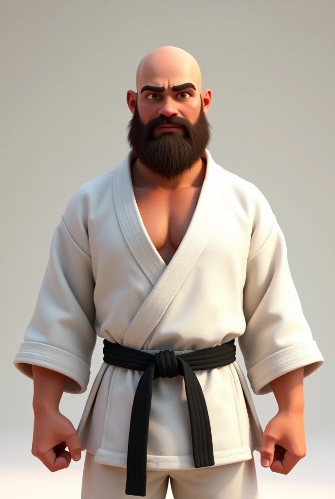 A bald man with a beard in a white judo kimono with a black belt in pixar style

