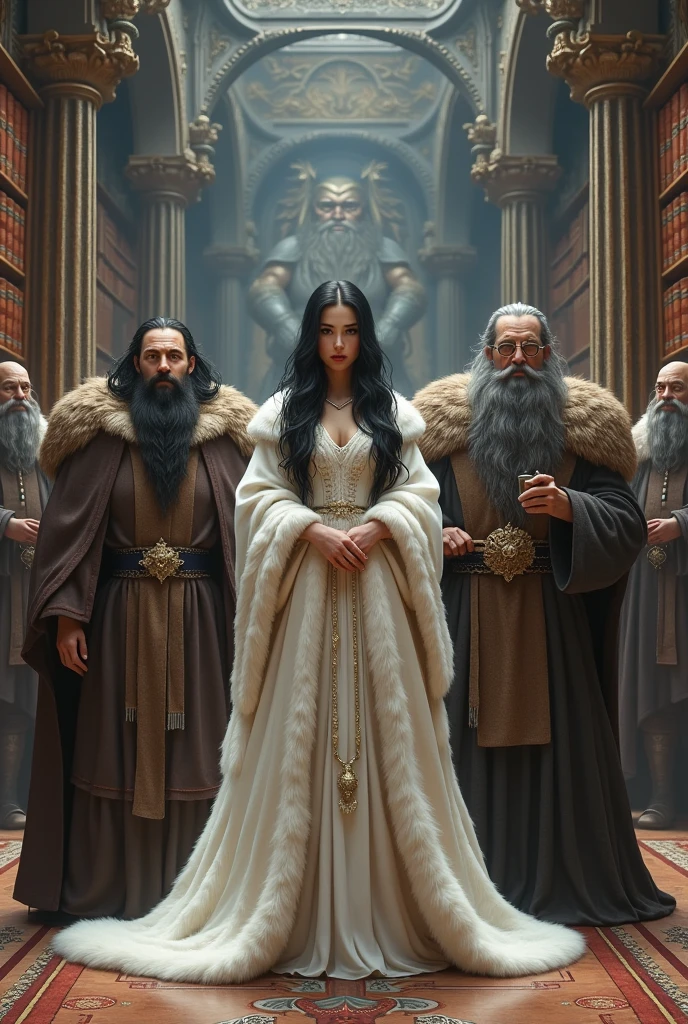A long black-haired princess wearing a winter dress made of white bear fur. accompanied by two dwarves. One of them has a black beard and the other wears glasses.!
They are inside a museum with books, paintings and statues of medieval magical heroes
