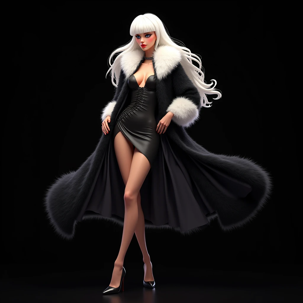 A woman with long white hair with bangs and wavy hair,She will wear a dress like Cruella's and a black and white fur coat,I want her posing really elegantly with a black background