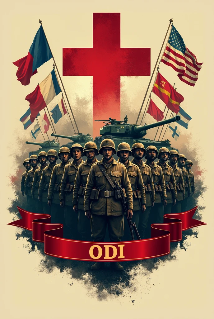 Round logo with the cross of Burgundy in the background and with 10 flags of Latin countries, soldiers of the First World War with weapons, armored tanks and bombers in front, the name ODI inside a red ribbon