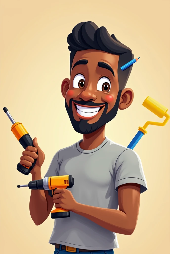 Brown-skinned man with goatee smiling, neat black hair, light gray t-shirt with a drill in his hand, paint roller in his hand and blue pencil in his ear in cartoon