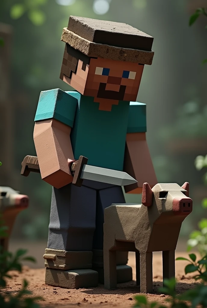 Minecraft Steve ama gerçek hayatta kurban kesiyor ve resimdeki hareketi hayvanın boynunu kesmesi bide takke giyiyor