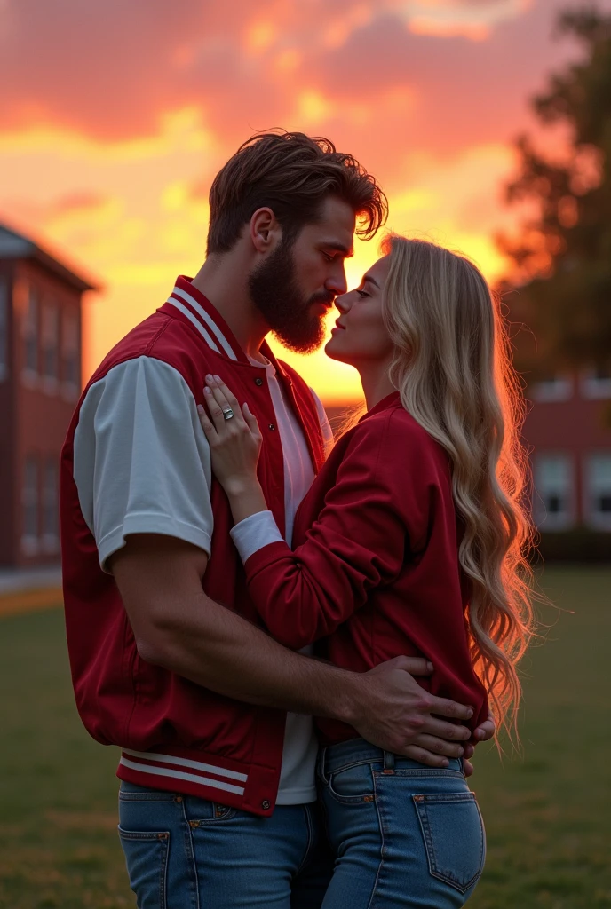 Bearded athlete in football jacket kissing handsome gay blond boy at school 80s sunset