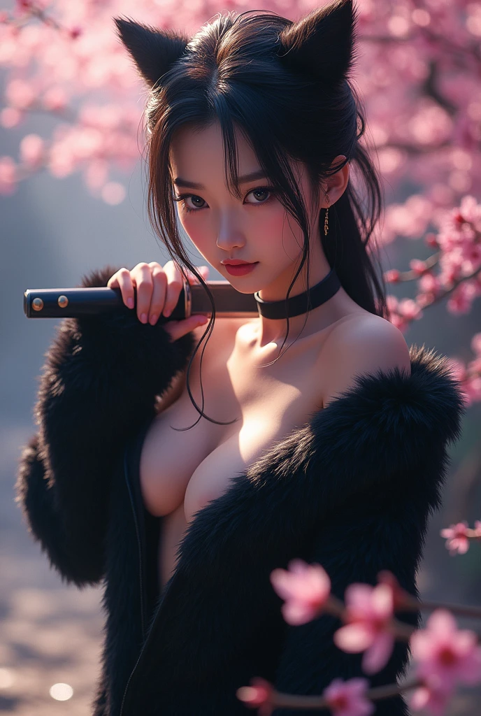 leogirl, seductive leaning forward detailed skin, 8k ultra realistic cg, picture-perfect face, flawless, clean, masterpiece, professional artwork, famous work of art, cinematic lighting, cinematographic flourishing,((black fur)),(1 girl, Beautiful Korean girl),perfect face, (young:1.1),((figure in shape)),((2)), beautiful face, beautiful blue eyes,Eye Detail, face detail, (((perfect female body, narrow waist))),(big breasts:1.3)lora:GoodHands-beta2:1>, , ((standing girl)),Upper part of the body,leaf aside,attack pose,sheet down,right hand blade,, Cherry blossoms,, (masterpiece, Best Quality, high quality, High resolution, ultra detailed),