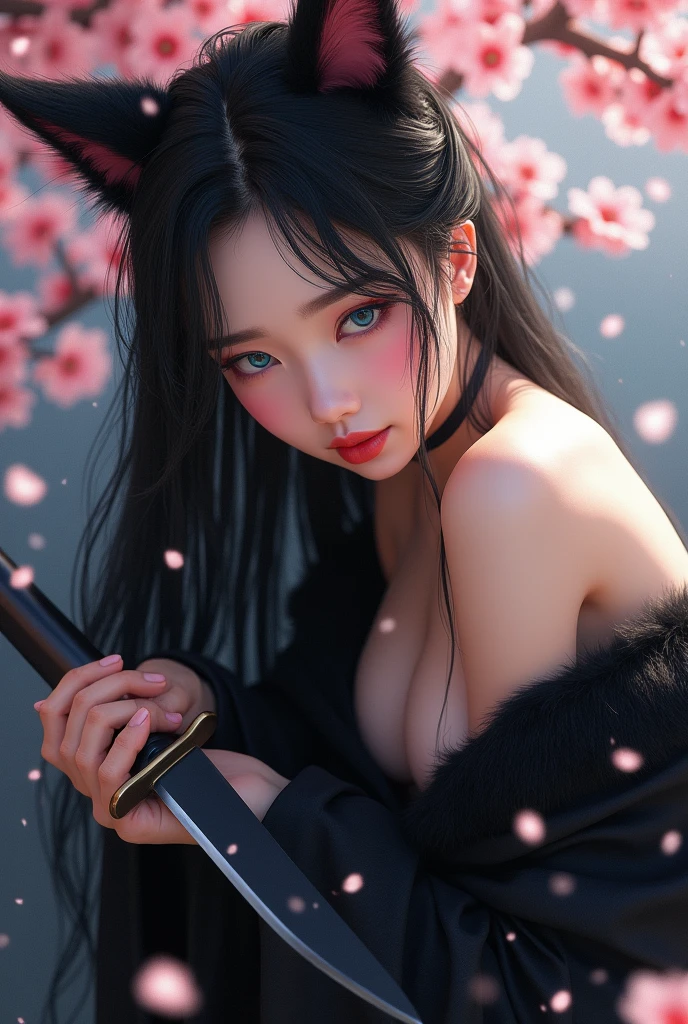 leogirl, seductive leaning forward detailed skin, 8k ultra realistic cg, picture-perfect face, flawless, clean, masterpiece, professional artwork, famous work of art, cinematic lighting, cinematographic flourishing,((black fur)),(1 girl,  Beautiful Korean girl),perfect face, (young:1.1),((figure in shape)),((2)), beautiful face, beautiful blue eyes,Eye Detail, face detail, (((perfect female body, narrow waist))),(big breasts:1.3)lora:GoodHands-beta2:1>, , ((standing girl)),Upper part of the body,leaf aside,attack pose,sheet down,right hand blade,, Cherry blossoms,, (masterpiece, Best Quality, high quality, High resolution, ultra detailed), 