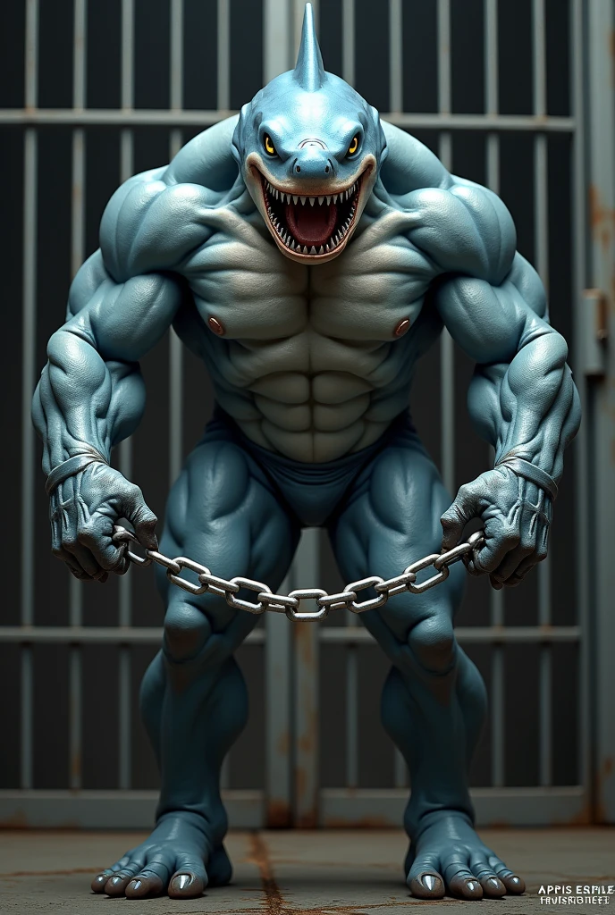 strong humanoid with shark head and closed mouth, holding a chain in front of a steel cage, defined legs
