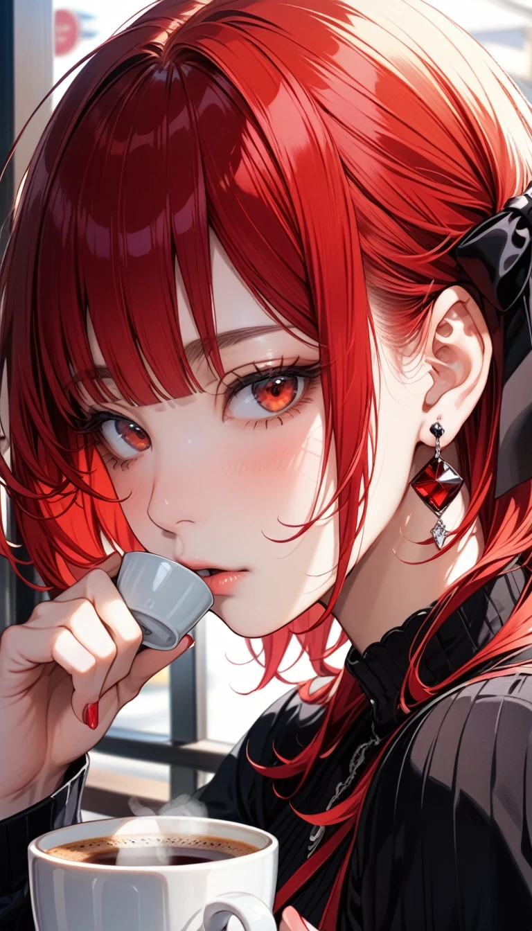 High resolution, masterpiece, Highest quality, Ultra high definition, 2Colored Hair, one person, 独奏, Earrings, Close your mouth, Close-up, Drinking coffee at a cafe,Sulky face,Red Hair、Bob Hair