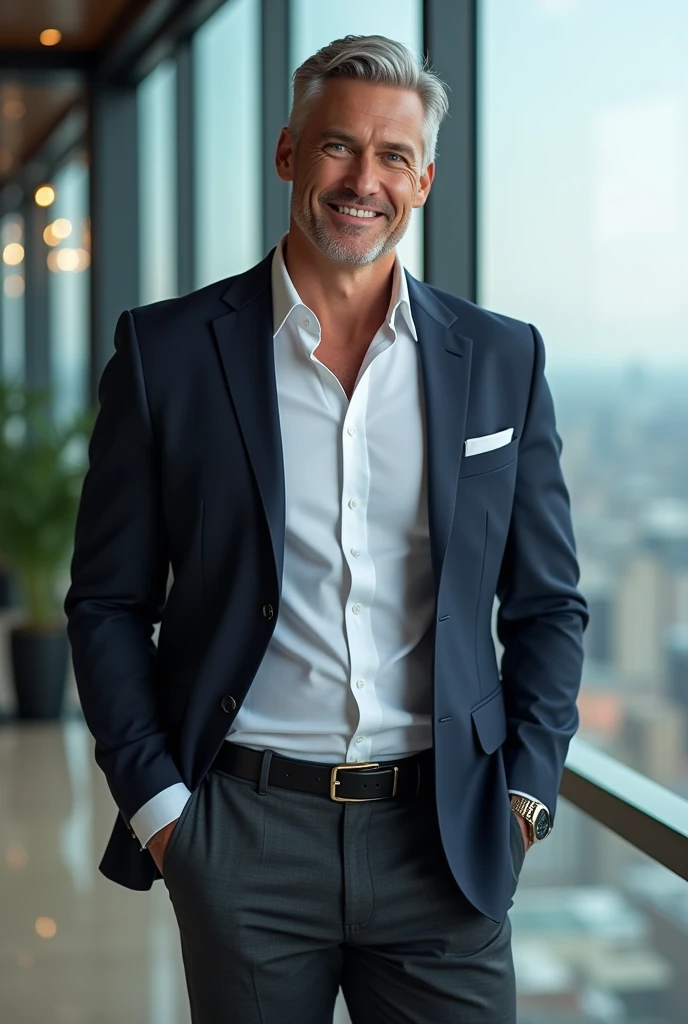 (ultra-detailed, photorealistic, best quality, 4k, 8k, highres, masterpiece:1.3), a mature man, charming and distinguished, standing confidently in a luxurious office setting, He has thick neatly combed silver hair, piercing blue eyes, (muscular build body), wearing tailored white dress shirt, with the top button casually undone, dark navy blazer, perfectly fitted charcoal trousers, polished black Oxfords, Accessories include a luxury wristwatch, understated cufflinks, and a simple yet elegant leather belt, He exudes authority and charisma, with a slight smile that hints at his charm and confidence, The office is modern and sophisticated, with floor-to-ceiling windows that offer a panoramic view of the city skyline, The scene is captured in intricate detail, showcasing his poised stance and commanding presence, (intricate detail, super finely detailed hands, ultra finely detailed fingers, full body showcase, show full body),