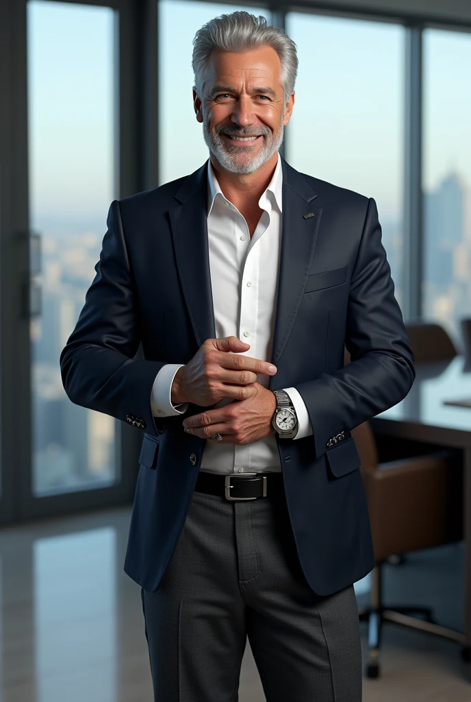 (ultra-detailed, photorealistic, best quality, 4k, 8k, highres, masterpiece:1.3), a  man, charming and distinguished, standing confidently in a luxurious office setting, He has thick neatly combed silver hair, piercing blue eyes, (muscular build body), wearing tailored white dress shirt, with the top buttonually undone, dark navy blazer, perfectly fitted charcoal trousers, polished black Oxfords, Accessories include a luxury wristwatch, understated cufflinks, and a simple yet elegant leather belt, He exudes authority and charisma, with a slight smile that hints at his charm and confidence, The office is modern and sophisticated, with floor-to-ceiling windows that offer a panoramic view of the city skyline, The scene is captured in intricate detail, showcasing his poised stance and commanding presence, (intricate detail, super finely detailed hands, ultra finely detailed fingers, full body showcase, show full body),